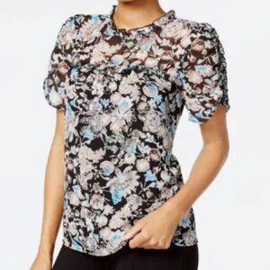 Kensie Black Ruffled Floral Jewel Neck Blouse – Size Medium